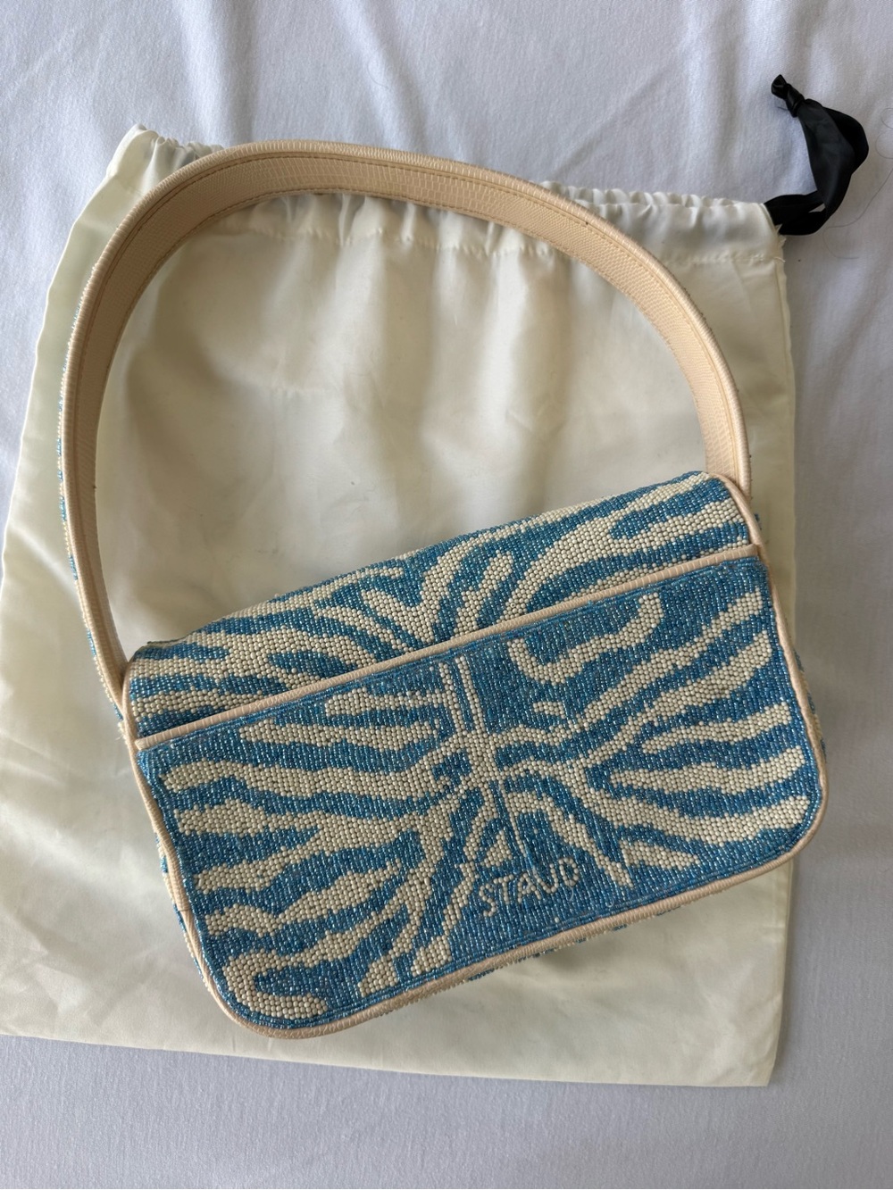 STAUD Blue and Cream Zebra Beaded Shoulder Bag - Picture 4 of 6